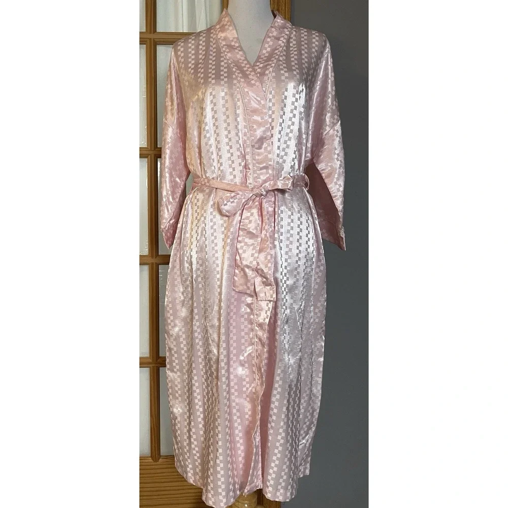 Vtg Lord & Taylor Kimono Long Robe Women's Intimate Sz M Pink Satin Check Pocket